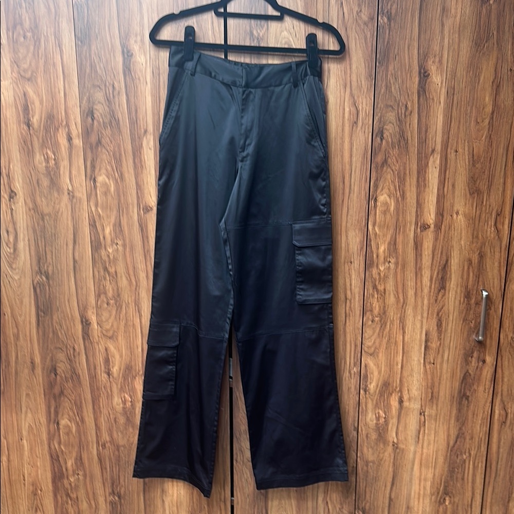 Zara black satin cargo pants NWT